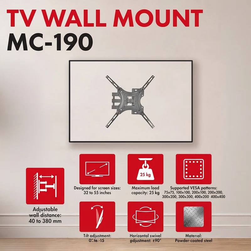 Maclean TV Mount / Bracket, max VESA 400x400, 32-55", up to 25 kg, black, tilt adjustment 0°–-15° and swivel adjustment +90°–-90°, MC-190