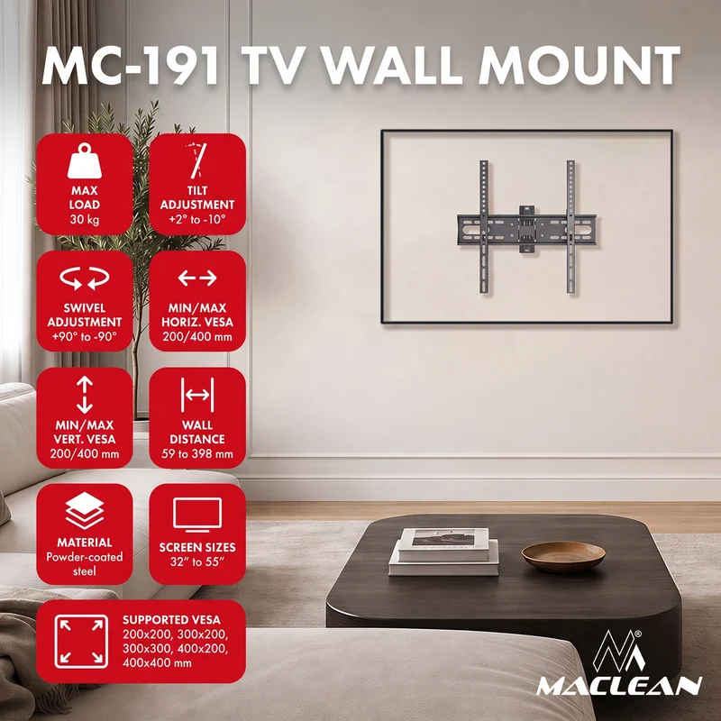 Maclean TV Mount / Bracket, max VESA 400x400, 32-55", up to 30 kg, black, tilt adjustment +2°–-10° and swivel adjustment +90°–-90°, MC-191
