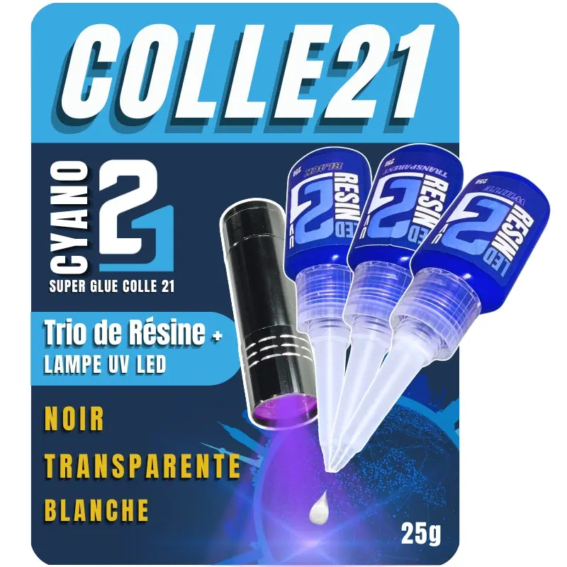 🧪 Kit TRIS Résine UV LED (Lot de 3) Colle21 + Lampe – 3 Résines: Blanche, Transparente, Noire, 3 Résine Époxy Haute Précision pour Modélisme, Bricolage et Créations DIY ✨🔆