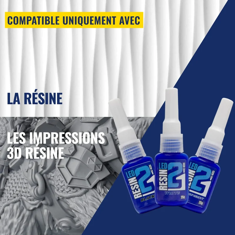 🧪 Kit TRIS Résine UV LED (Lot de 3) Colle21 + Lampe – 3 Résines: Blanche, Transparente, Noire, 3 Résine Époxy Haute Précision pour Modélisme, Bricolage et Créations DIY ✨🔆