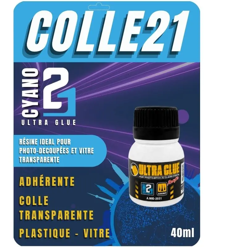 🧪 ULTRA GLUE Colle21, Colle Résine Colle21 & Ammo Mig – 40 ml. coller pièces photo-découpées, verrières transparentes, accessoires fragiles Produit pour bricolage & modélisme, pour des finitions parfaites ! ✨🔧