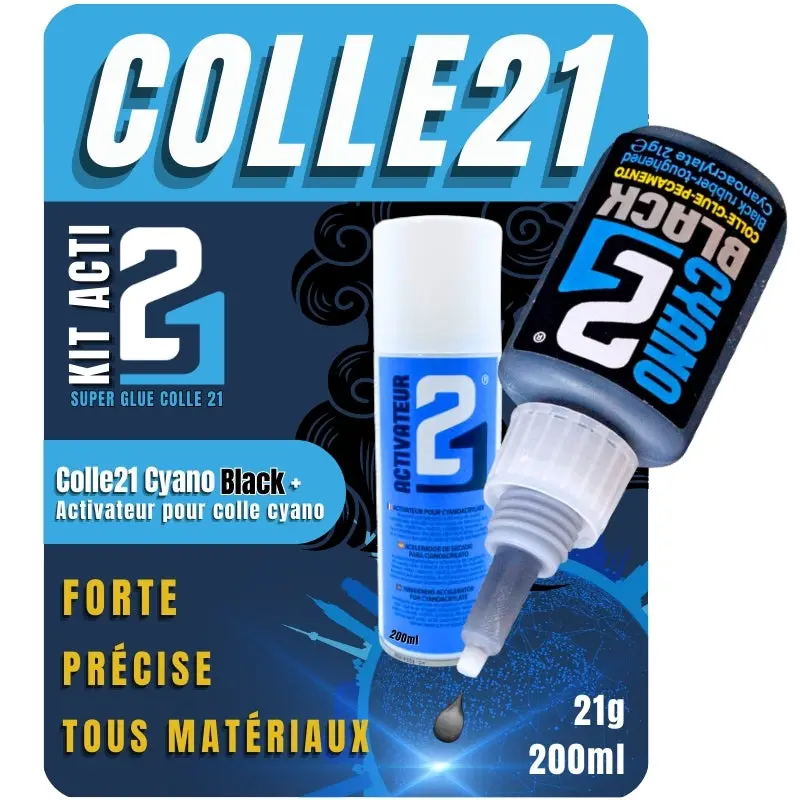 🧪 KIT ACTI BLACK Super Glue Colle21 – Colle Cyanoacrylate Noire + Activateur Spray 200ml – Colle Extra-Forte Multi-Usages Idéale pour le modélisme, le bricolage créatif et les réparations techniques exigeantes .🛠️