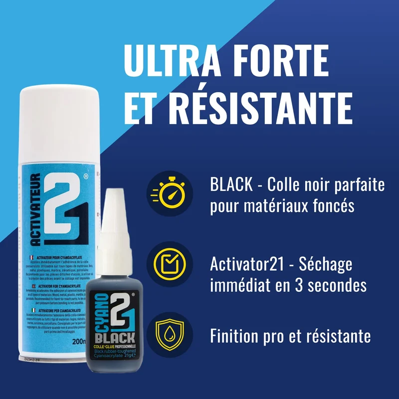 🧪 KIT ACTI BLACK Super Glue Colle21 – Colle Cyanoacrylate Noire + Activateur Spray 200ml – Colle Extra-Forte Multi-Usages Idéale pour le modélisme, le bricolage créatif et les réparations techniques exigeantes .🛠️