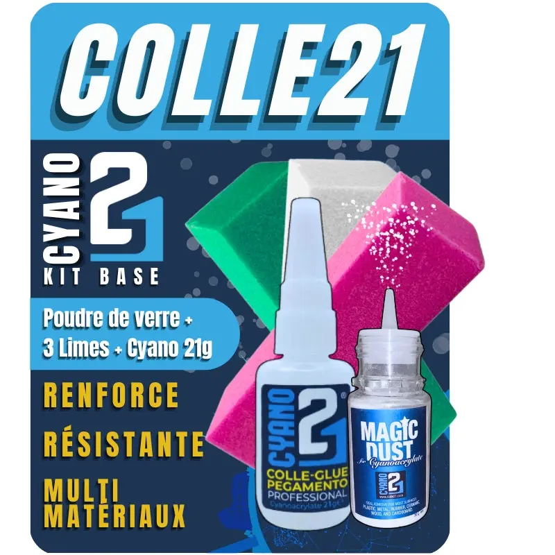 🧪 Kit Base Superglue Colle21 – 1 Colle Cyanoacrylate Colle21 + 1 Poudre de Verre MagicDust21 + 3 Éponges Abrasives Lime21 - Produit pour bricolage & modélisme, pour des finitions parfaites ! ✨🔧