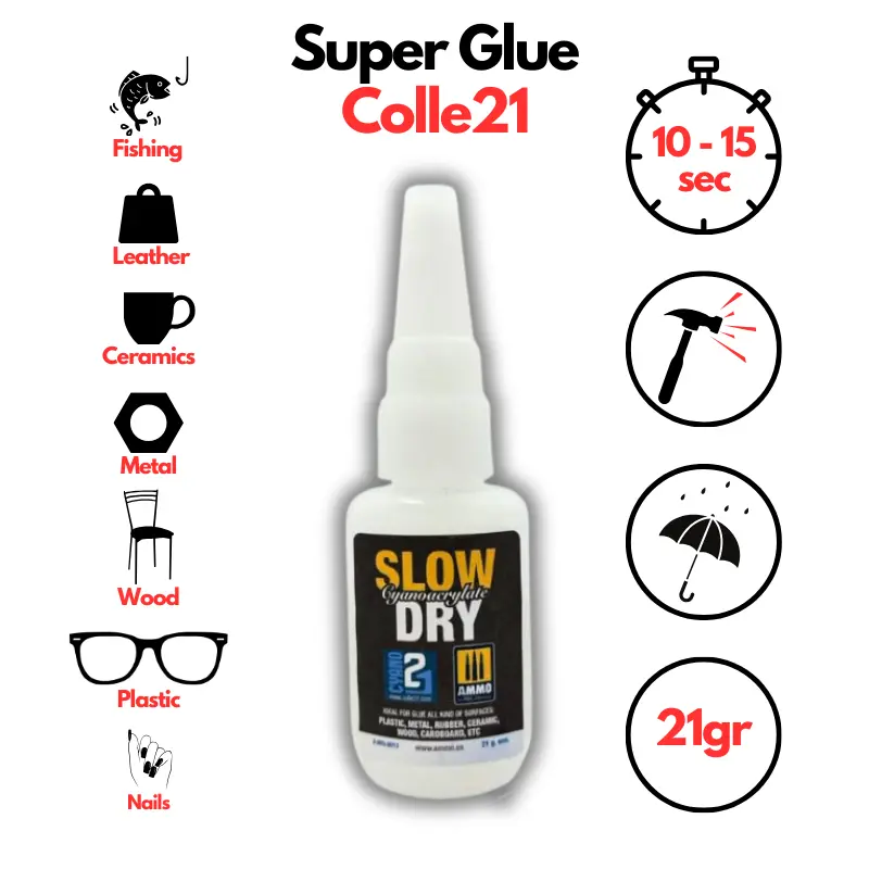 Super Glue Colle21 SLOW DRY 21g by Ammo Mig –Colle Extra-Forte Multi-Usages Idéale pour le modélisme, le bricolage créatif et les réparations techniques exigeantes.🛠️