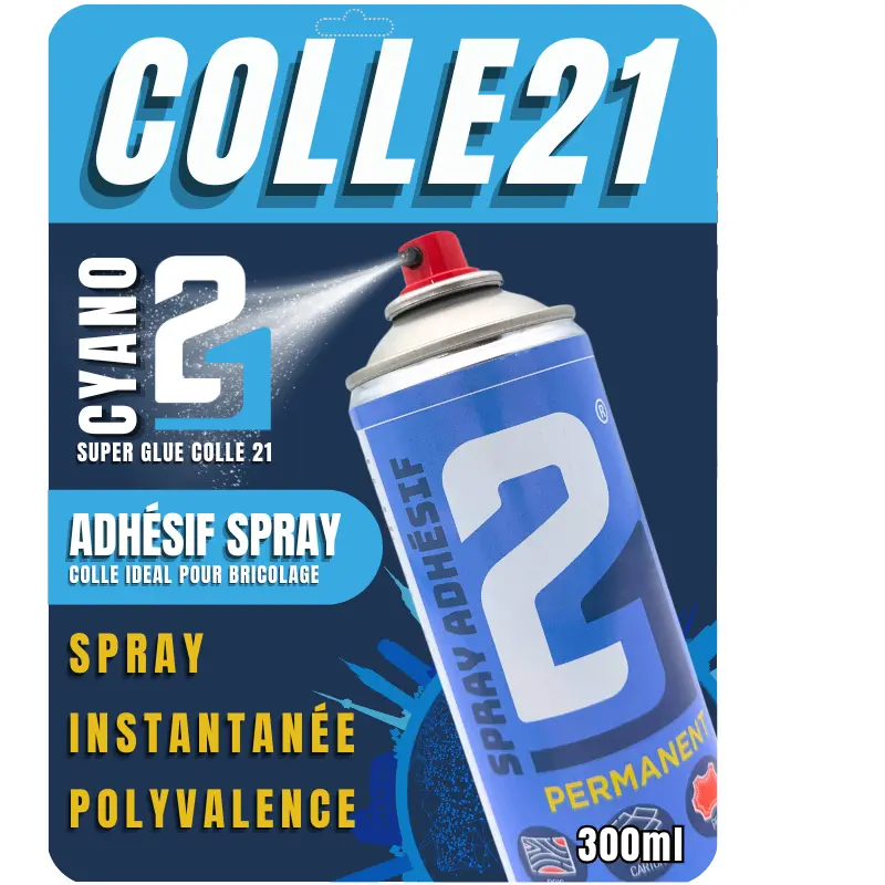 🧪 Colle Spray Adhesif Colle21 300 ml – Précision Pro pour Tous Vos Projets 🚀Colle en spray puissante et propre pour le modélisme, le bricolage et les usages professionnels, idéale pour le flocage.