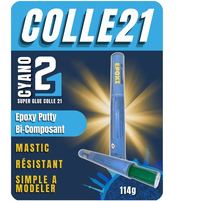 🧪 EPOXY PUTTY Bi-COMPOSANT by Colle21 – Mastic époxy haute résistance Idéale pour le modélisme, le bricolage créatif et les réparations techniques exigeantes. 🛠️ – 114 g