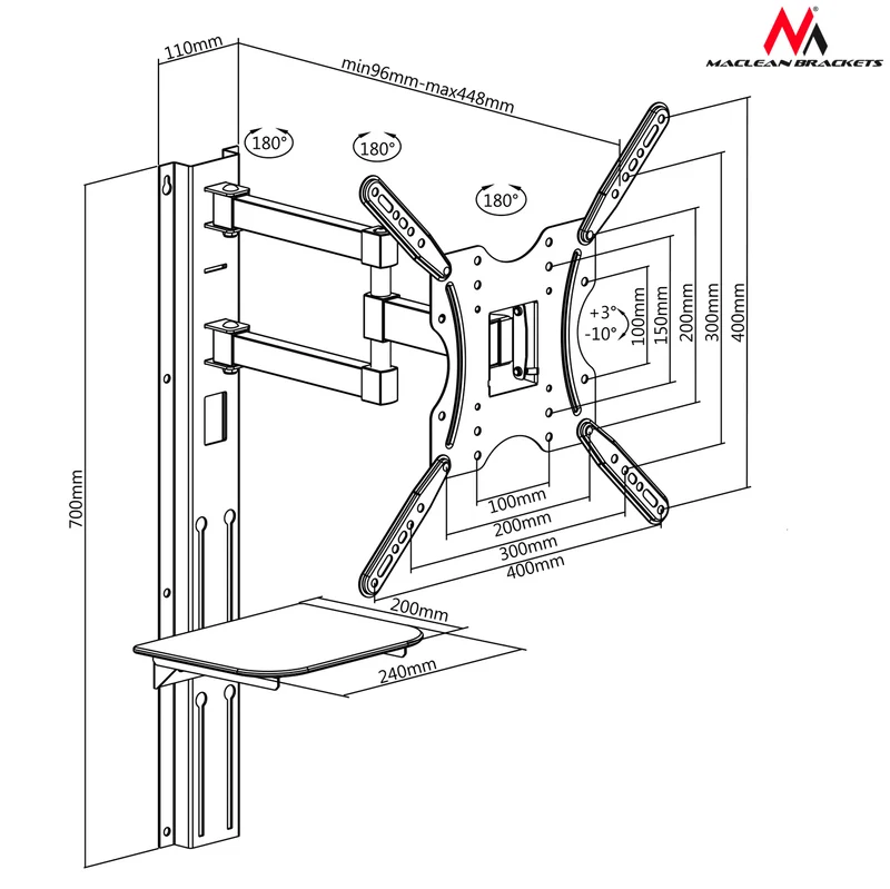 Maclean MC-772 TV Wall Bracket Holder Mount Shelf DVD Xbox PS4 PS5 LCD LED 32 "- 55 "