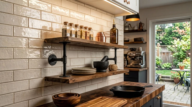 Industrial Pipe Shelf – Solid Wood & Black Steel Brackets