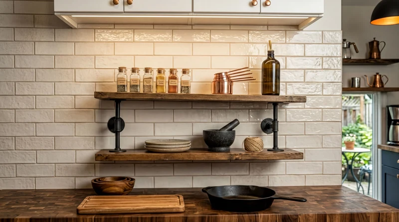 Industrial Pipe Shelf – Solid Wood & Black Steel Brackets