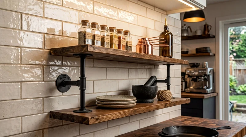 Industrial Pipe Shelf – Solid Wood & Black Steel Brackets