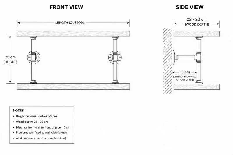 Industrial Pipe Shelf – Solid Wood & Black Steel Brackets