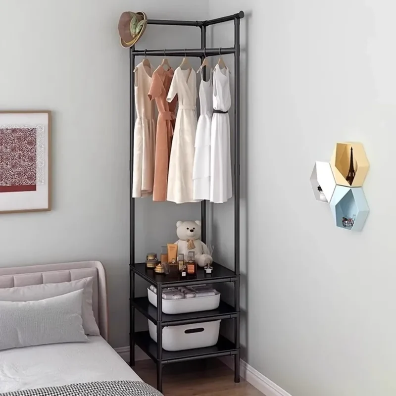 Portant d’Angle Multi-Couches avec Table de Nuit – Porte-Manteaux et Étagères pour Chambre