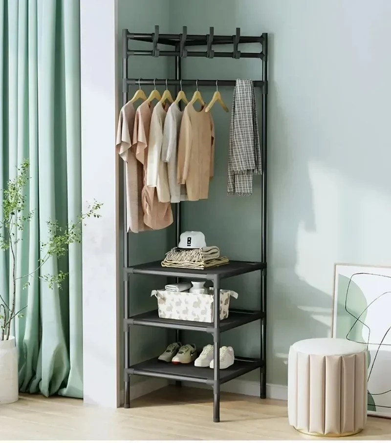 Portant d’Angle Multi-Couches avec Table de Nuit – Porte-Manteaux et Étagères pour Chambre