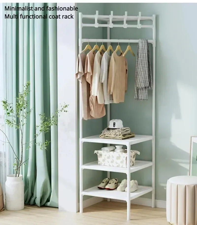 Portant d’Angle Multi-Couches avec Table de Nuit – Porte-Manteaux et Étagères pour Chambre