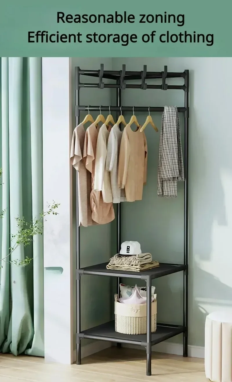 Portant d’Angle Multi-Couches avec Table de Nuit – Porte-Manteaux et Étagères pour Chambre