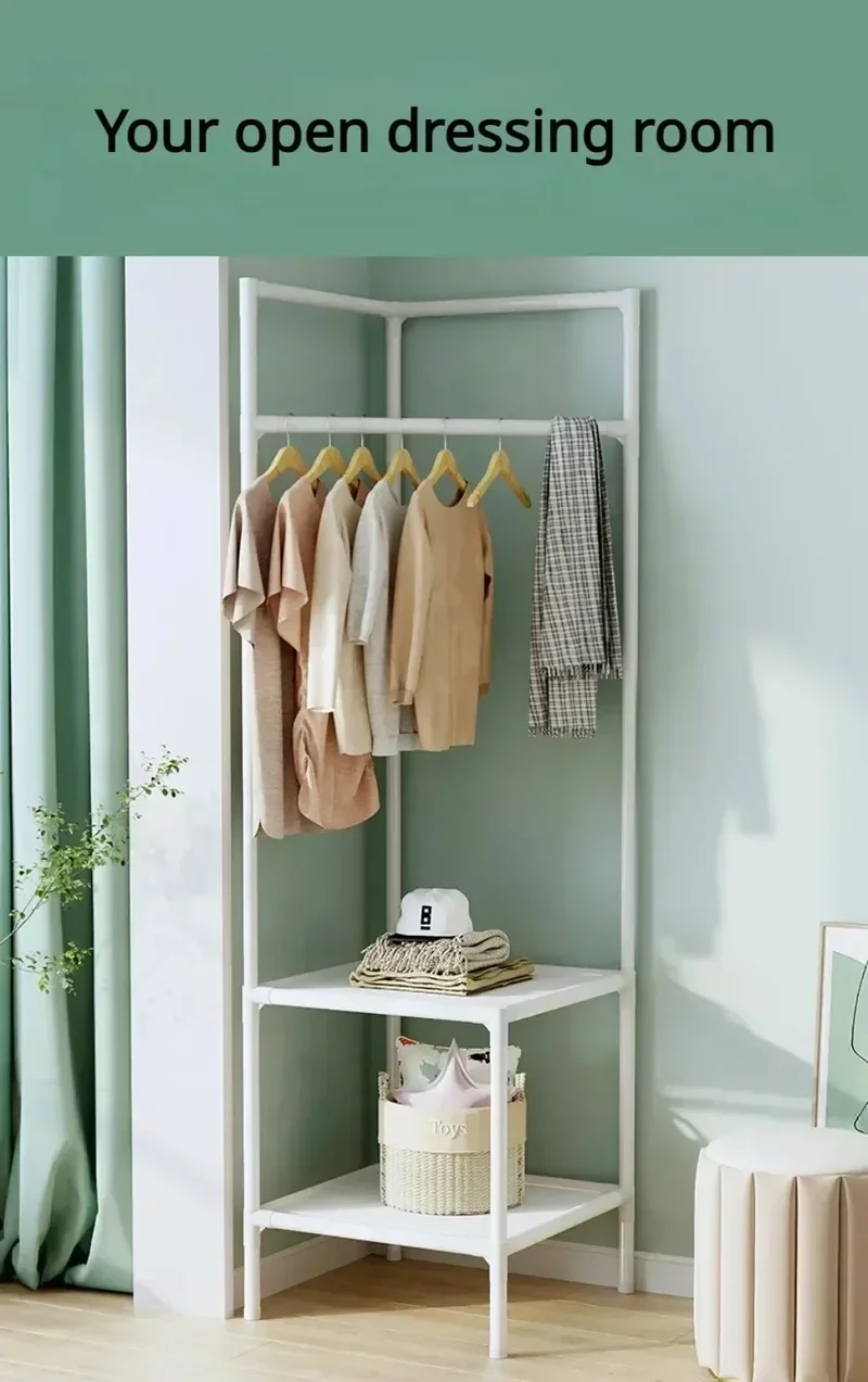 Portant d’Angle Multi-Couches avec Table de Nuit – Porte-Manteaux et Étagères pour Chambre