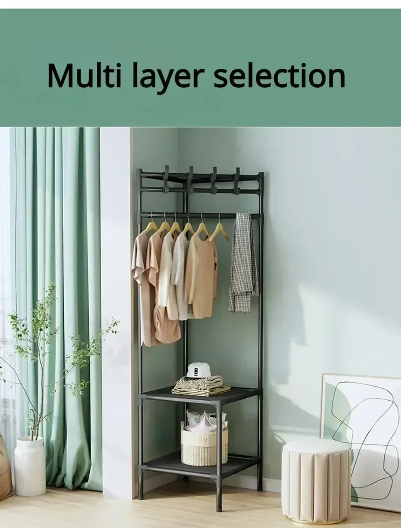 Portant d’Angle Multi-Couches avec Table de Nuit – Porte-Manteaux et Étagères pour Chambre