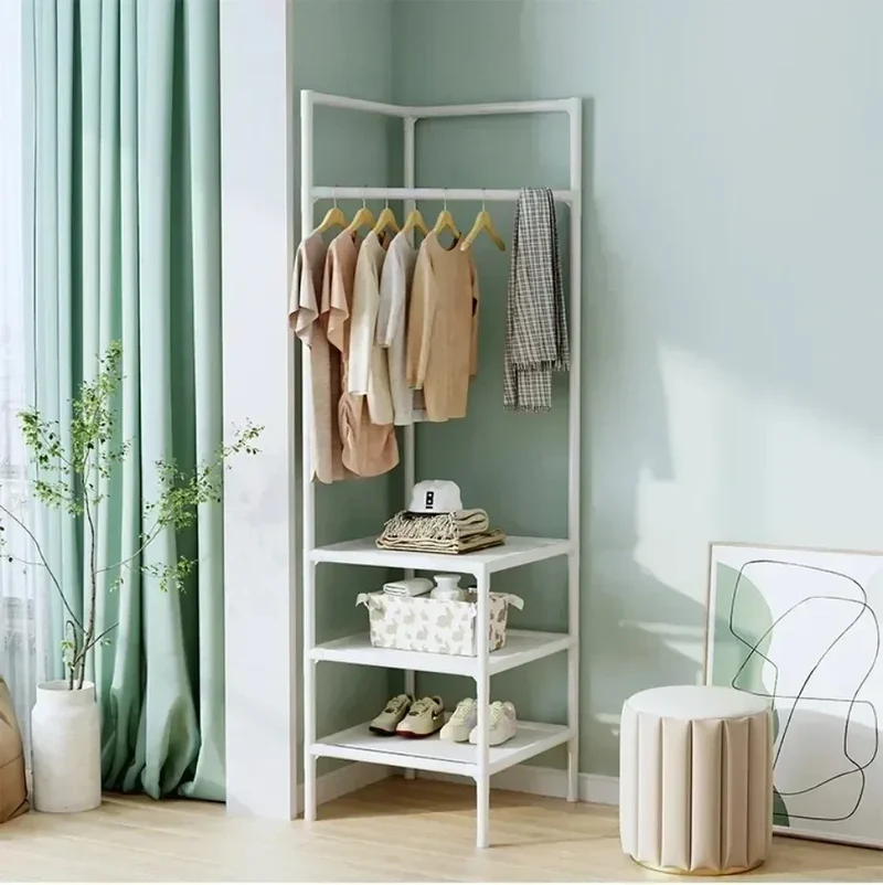 Portant d’Angle Multi-Couches avec Table de Nuit – Porte-Manteaux et Étagères pour Chambre