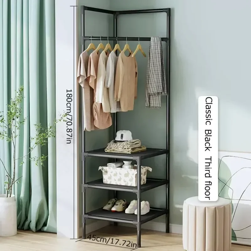 Portant d’Angle Multi-Couches avec Table de Nuit – Porte-Manteaux et Étagères pour Chambre