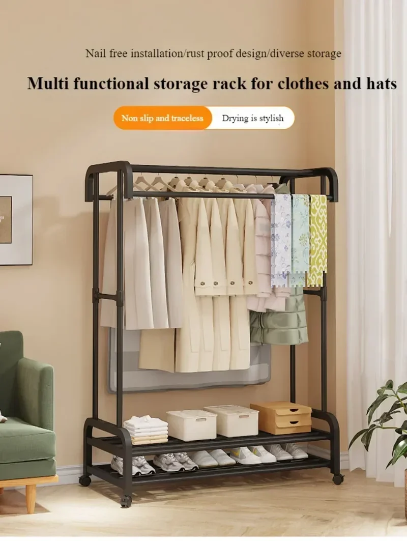 Portant à vêtements multifonction à plusieurs niveaux – Avec roulettes et étagères