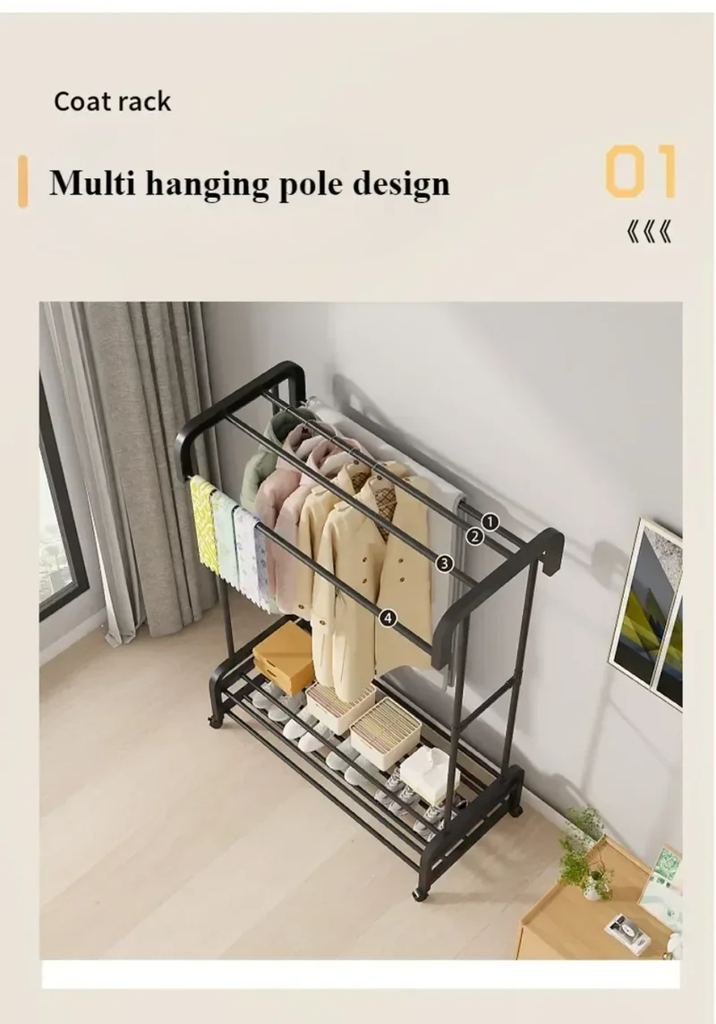 Portant à vêtements multifonction à plusieurs niveaux – Avec roulettes et étagères