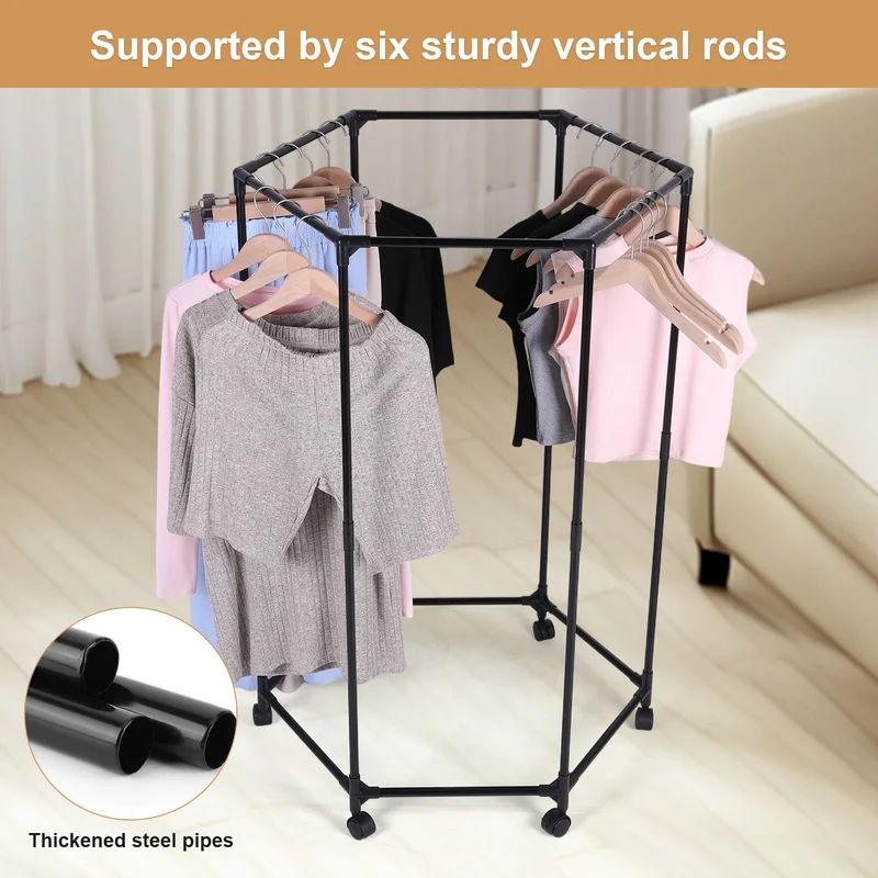 Portant hexagonal robuste avec roulettes – Métal – Vêtements et manteaux