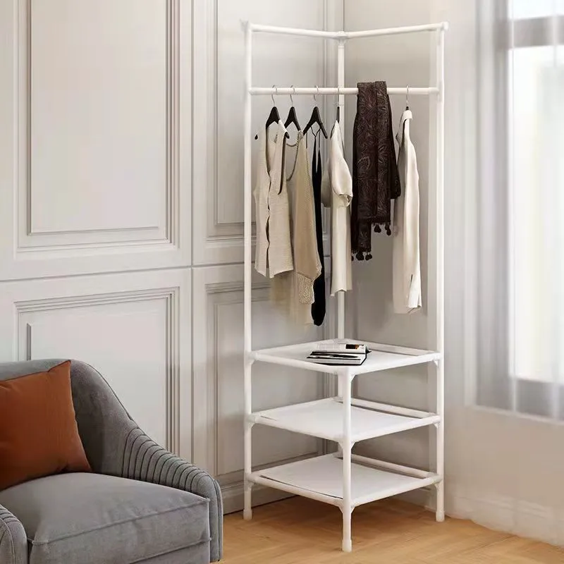 Portant à vêtements d’angle multifonction avec étagères – Métal inoxydable – 3 niveaux