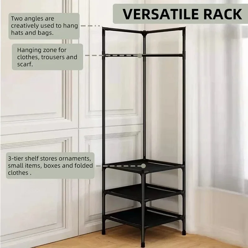 Portant à vêtements d’angle multifonction avec étagères – Métal inoxydable – 3 niveaux