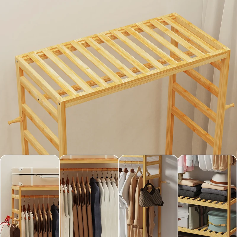 Portant à vêtements en bambou avec étagères et roulettes