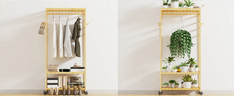 Portant à vêtements en bambou avec étagères et roulettes