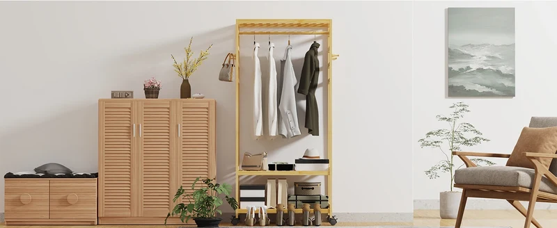 Portant à vêtements en bambou avec étagères et roulettes