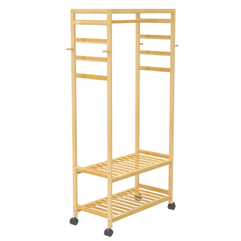 Portant à vêtements en bambou avec étagères et roulettes
