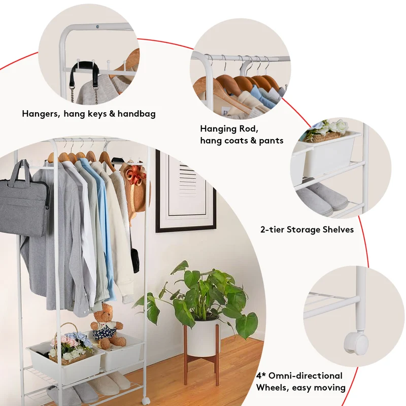 Portant à vêtements avec étagère de rangement et roulettes