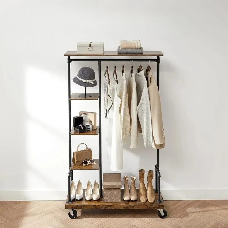 Portant Vêtements à Roulettes 5 Étages - Organisateur Mobile Style Industriel