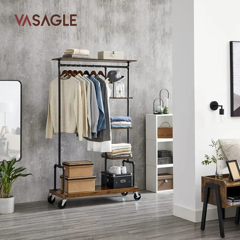 Portant Vêtements à Roulettes 5 Étages - Organisateur Mobile Style Industriel