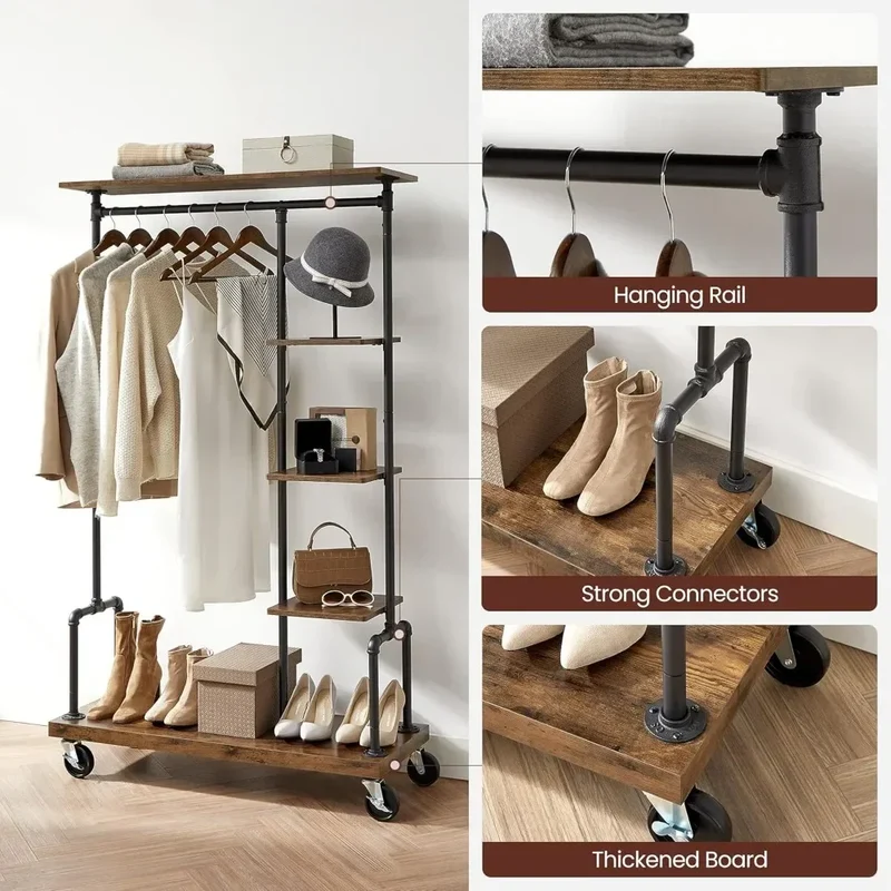 Portant Vêtements à Roulettes 5 Étages - Organisateur Mobile Style Industriel