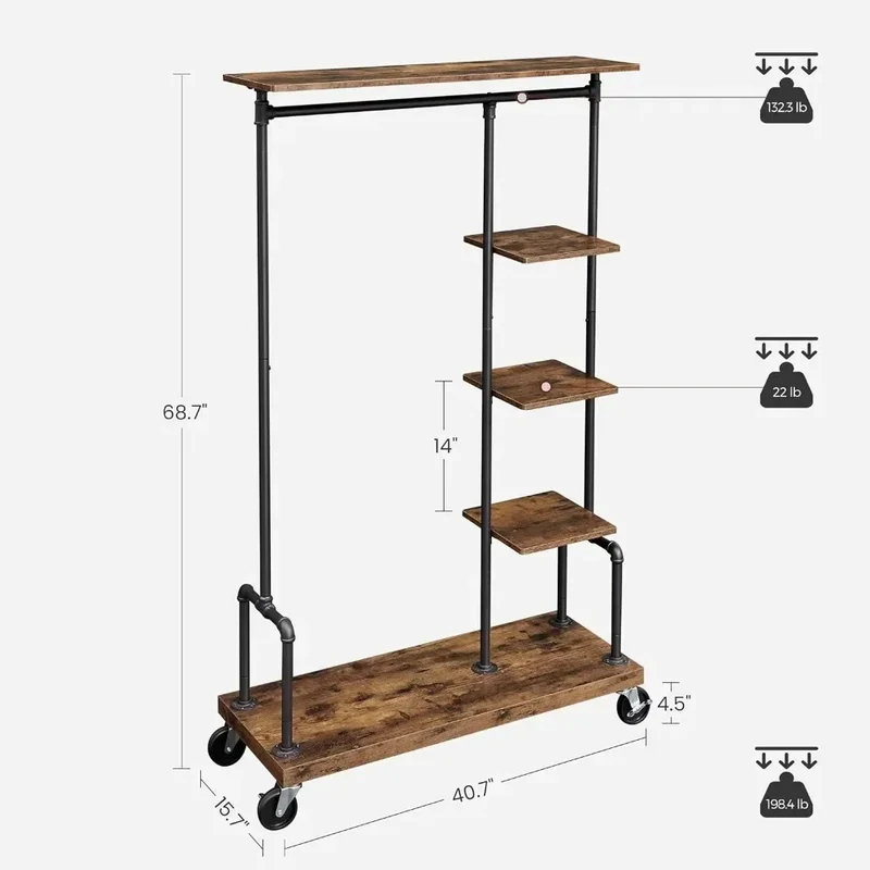 Portant Vêtements à Roulettes 5 Étages - Organisateur Mobile Style Industriel