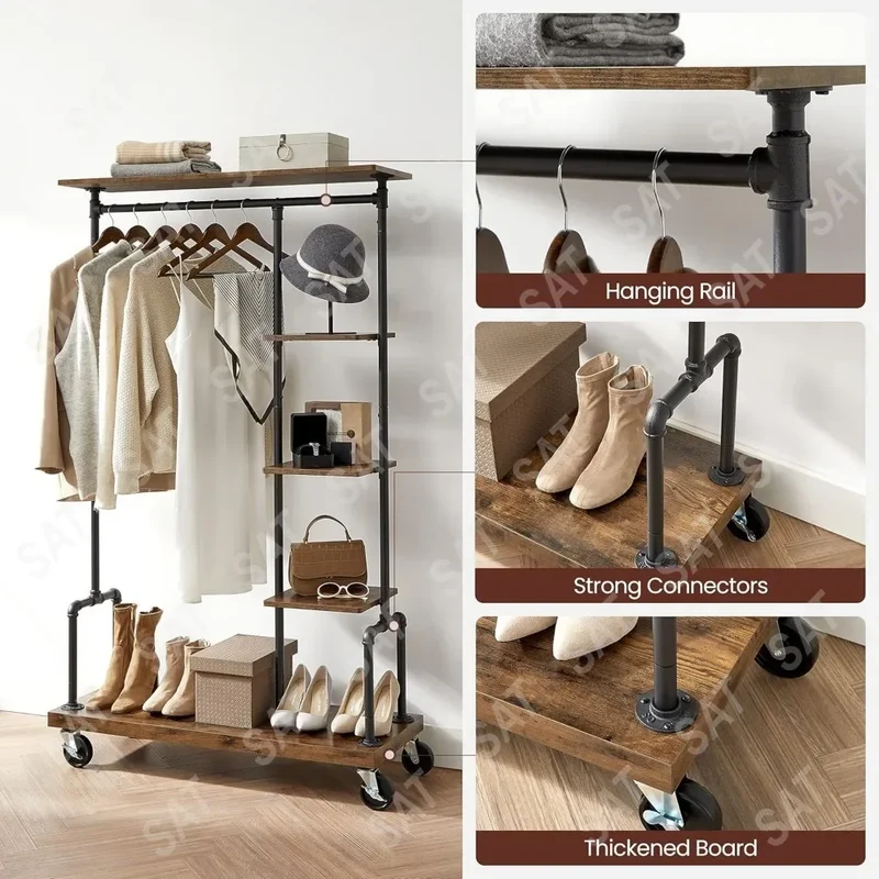 Portant Vêtements à Roulettes 5 Étages - Organisateur Mobile Style Industriel