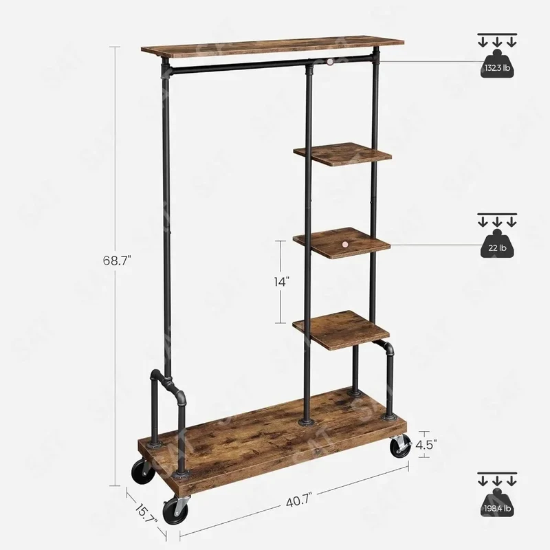 Portant Vêtements à Roulettes 5 Étages - Organisateur Mobile Style Industriel