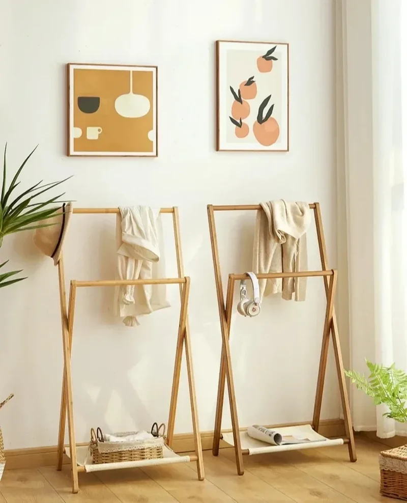 Étendoir Vêtements Pliable Bambou - Organisateur Multifonction Couloir