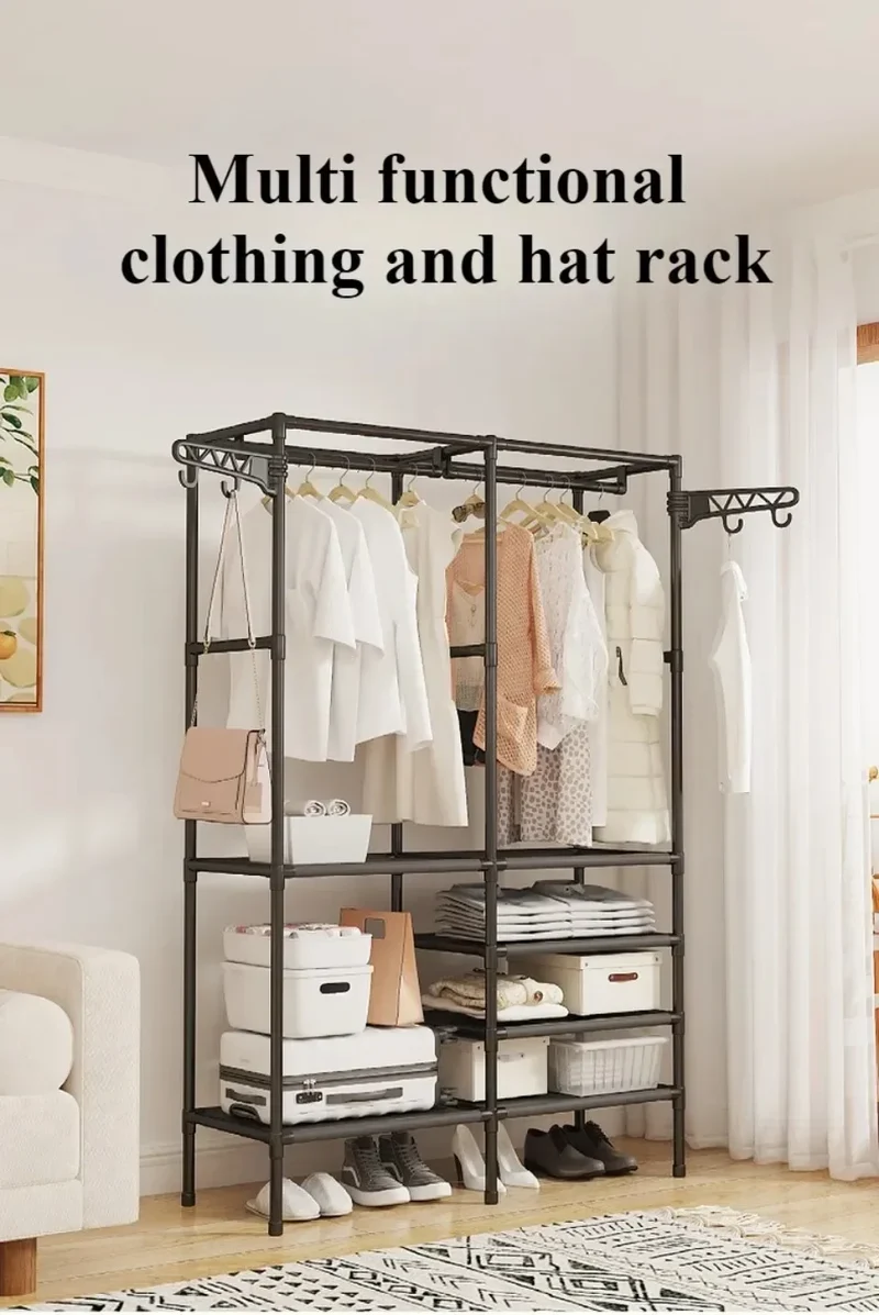 Portant à Vêtements Double Rangée avec Étagères – Grande Capacité pour Vêtements et Chaussures