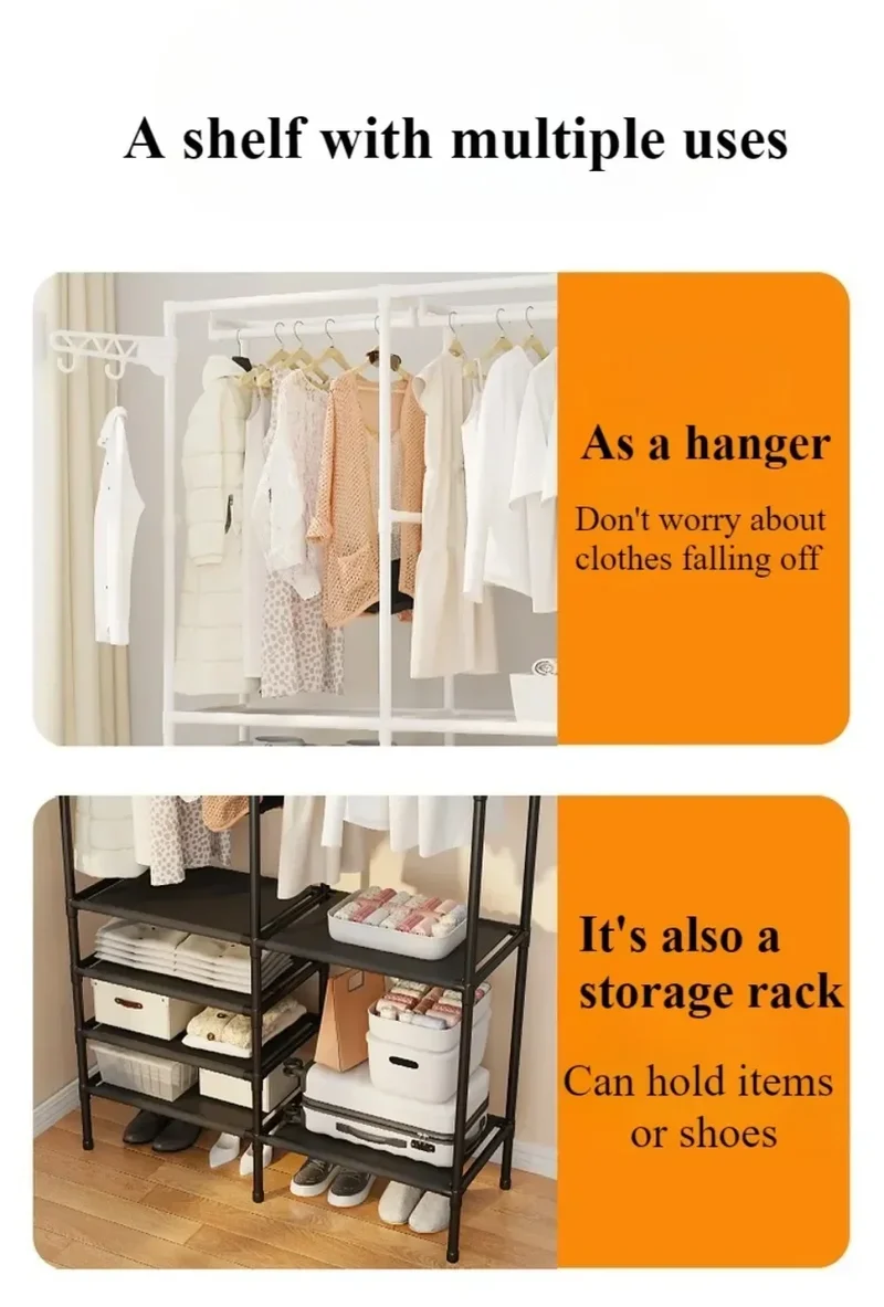 Portant à Vêtements Double Rangée avec Étagères – Grande Capacité pour Vêtements et Chaussures