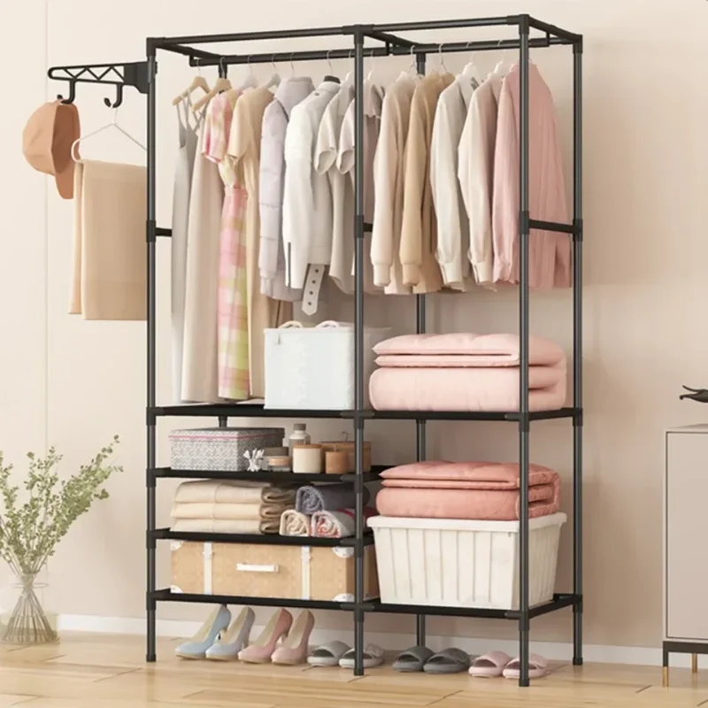 Portant à Vêtements Double Rangée avec Étagères – Grande Capacité pour Vêtements et Chaussures