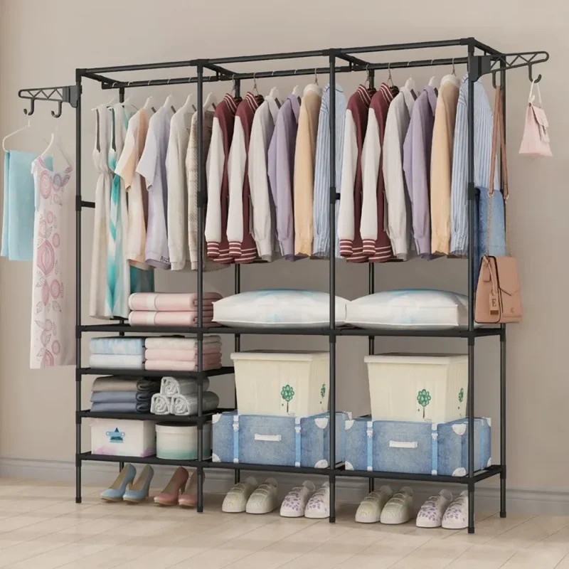 Portant double rangée — grande capacité avec étagères tissu (montage facile)
