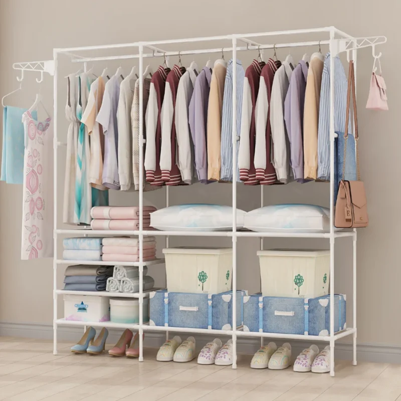 Portant double rangée — grande capacité avec étagères tissu (montage facile)