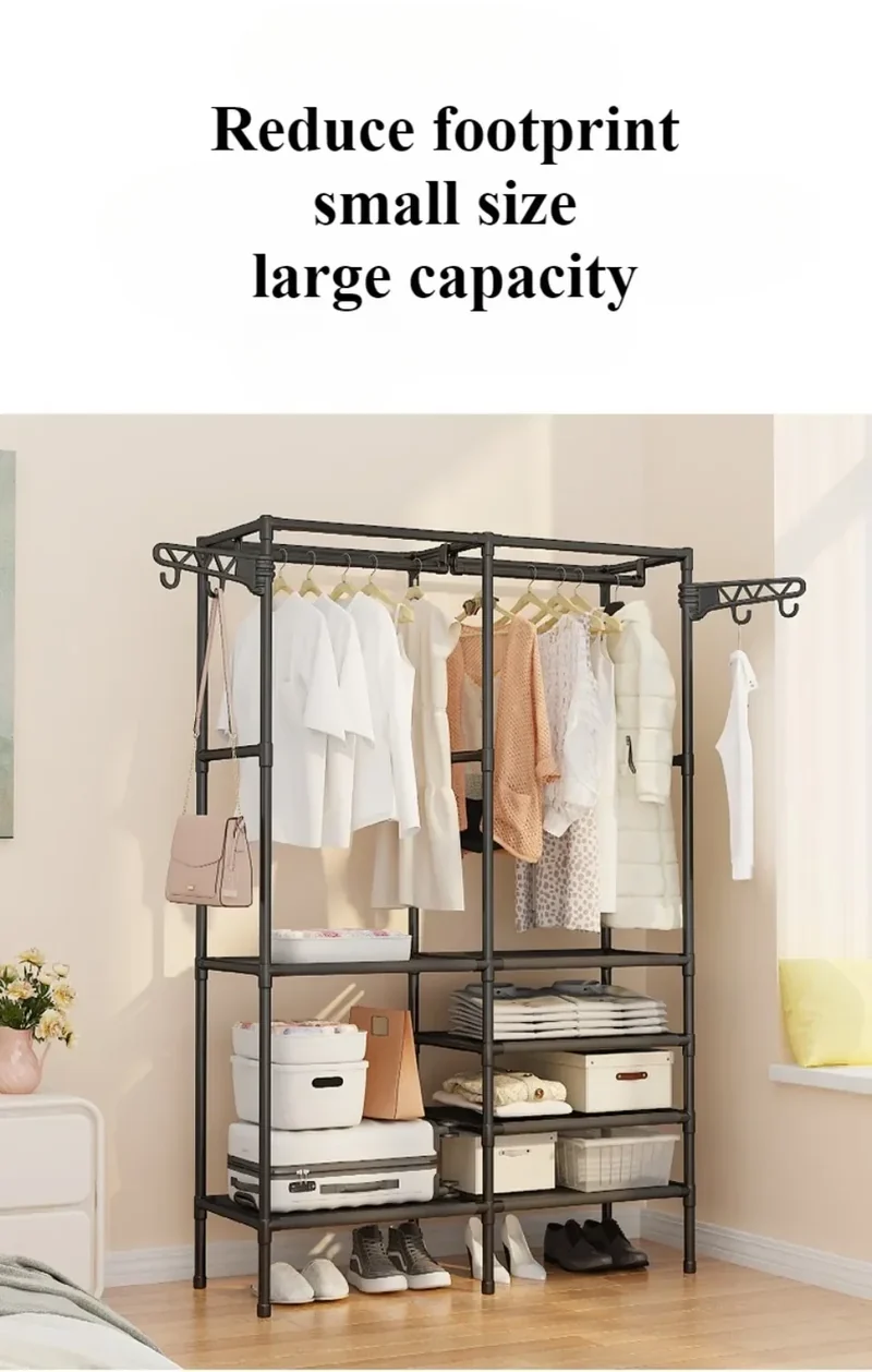 Portant double rangée — grande capacité avec étagères tissu (montage facile)