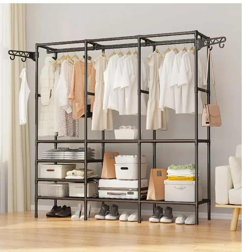 Portant double rangée — grande capacité avec étagères tissu (montage facile)