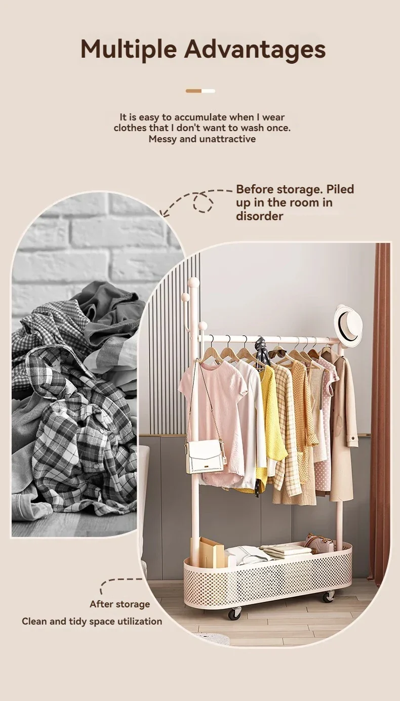 Portant domestique en fer forgé à roulettes — compact avec panier à linge