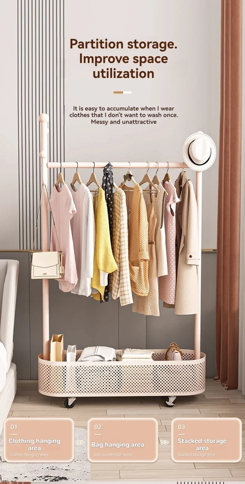 Portant domestique en fer forgé à roulettes — compact avec panier à linge